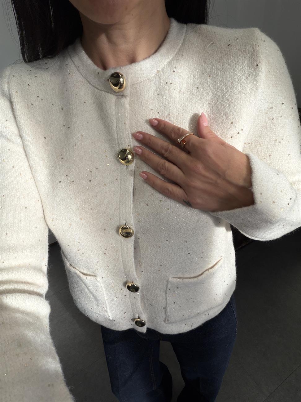 Krem Bisiklet Yaka Pullu Simli Düğmeli Triko Hırka