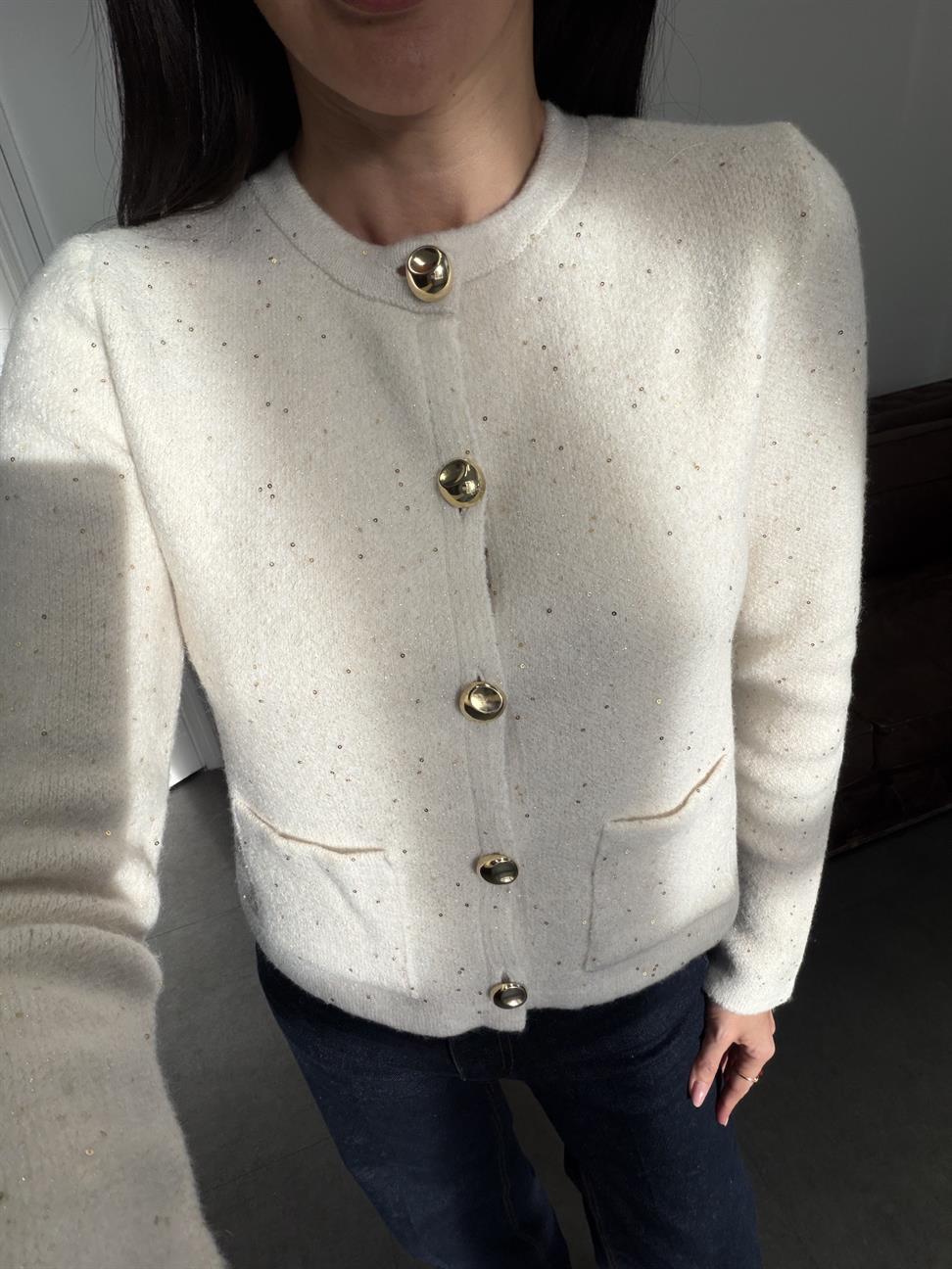 Krem Bisiklet Yaka Pullu Simli Düğmeli Triko Hırka