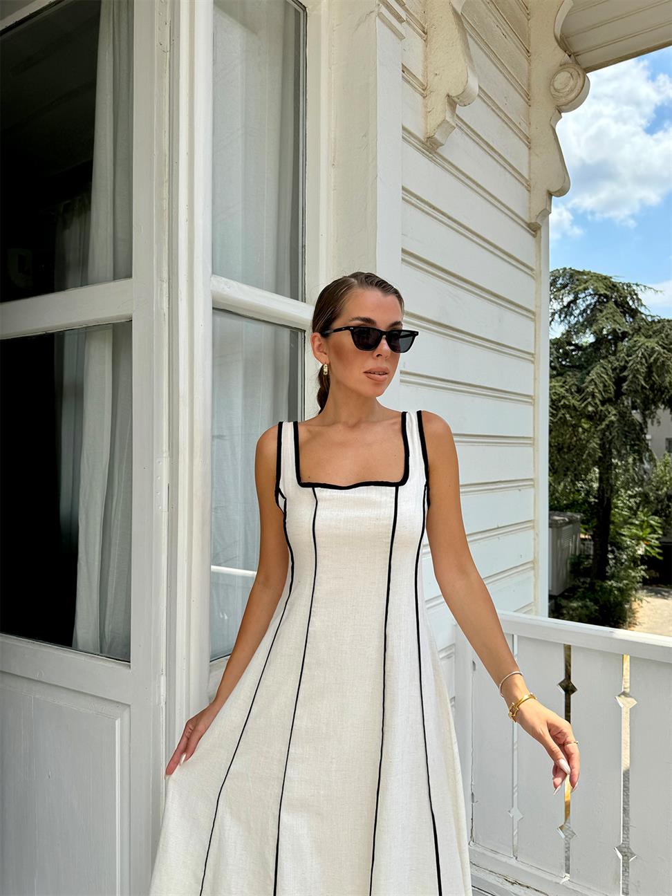 Krem Biyeli Astarlı Keten Elbise