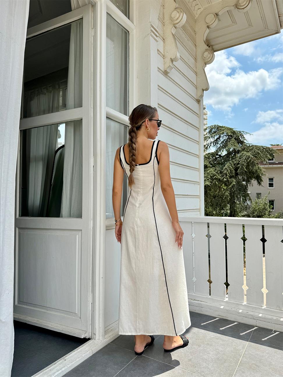 Krem Biyeli Astarlı Keten Elbise