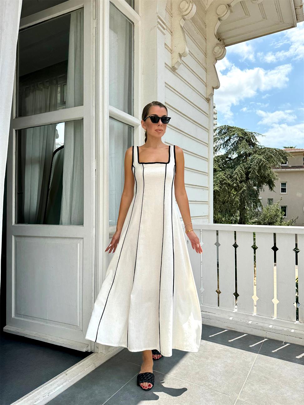 Krem Biyeli Astarlı Keten Elbise