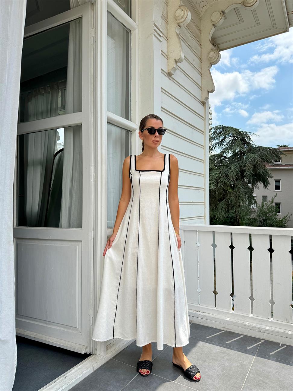 Krem Biyeli Astarlı Keten Elbise