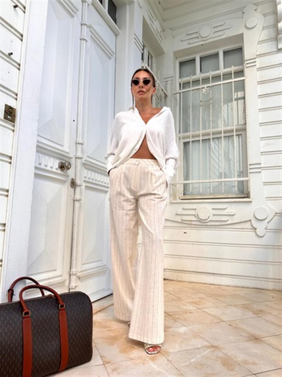 Krem Çizgili Keten Pantolon