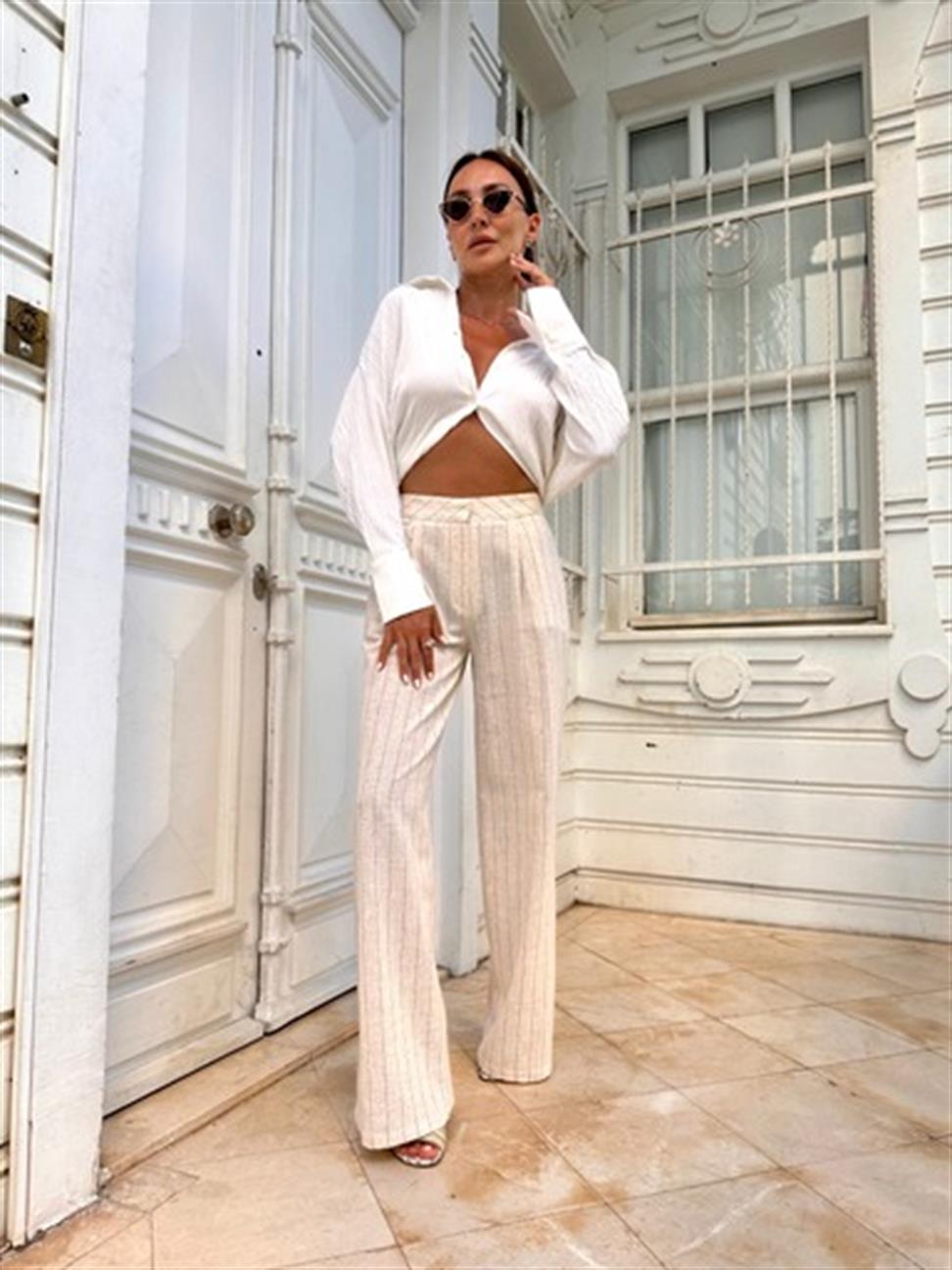 Krem Çizgili Keten Pantolon