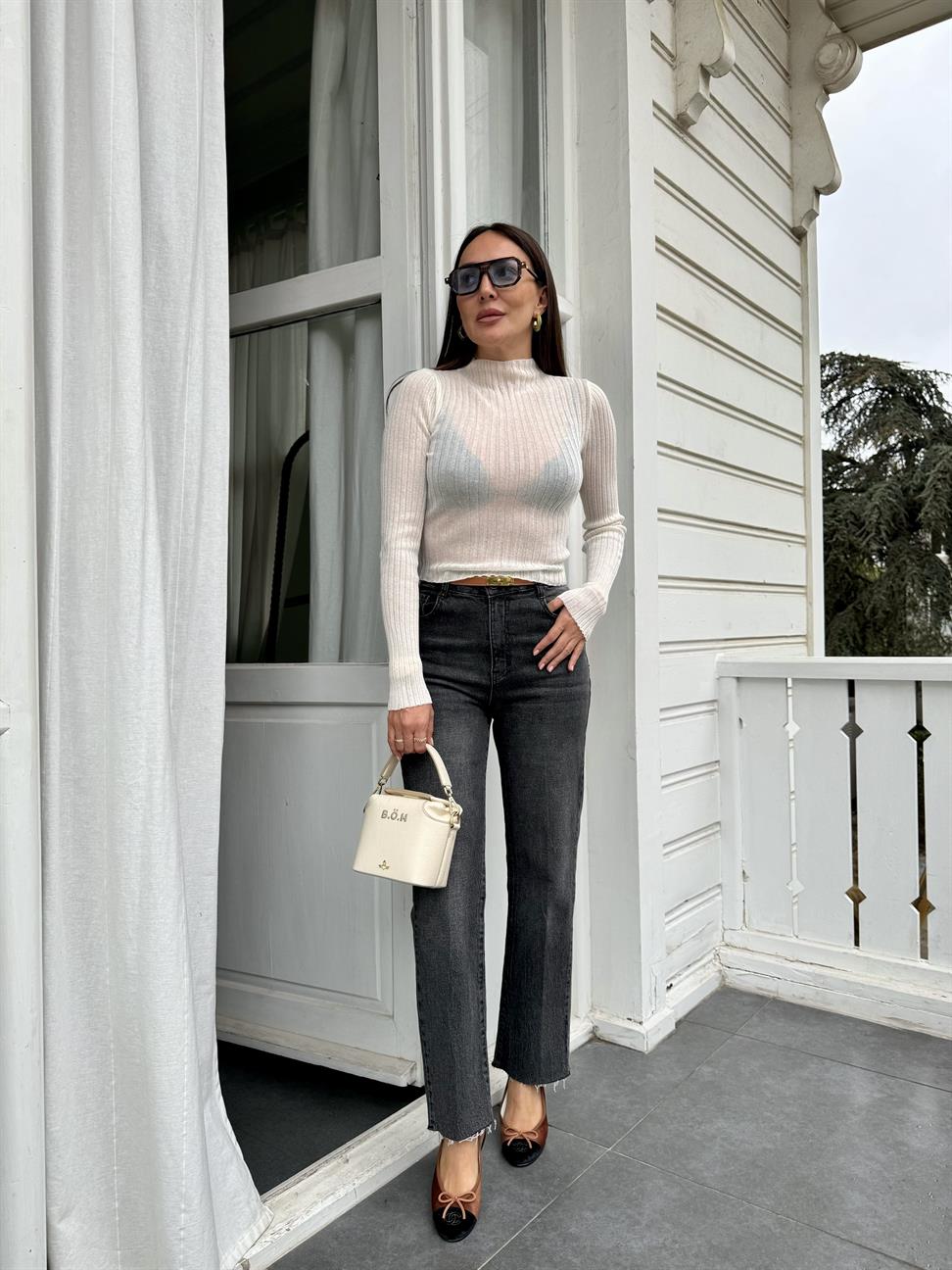 Krem Fitilli Yarı Transparan Triko