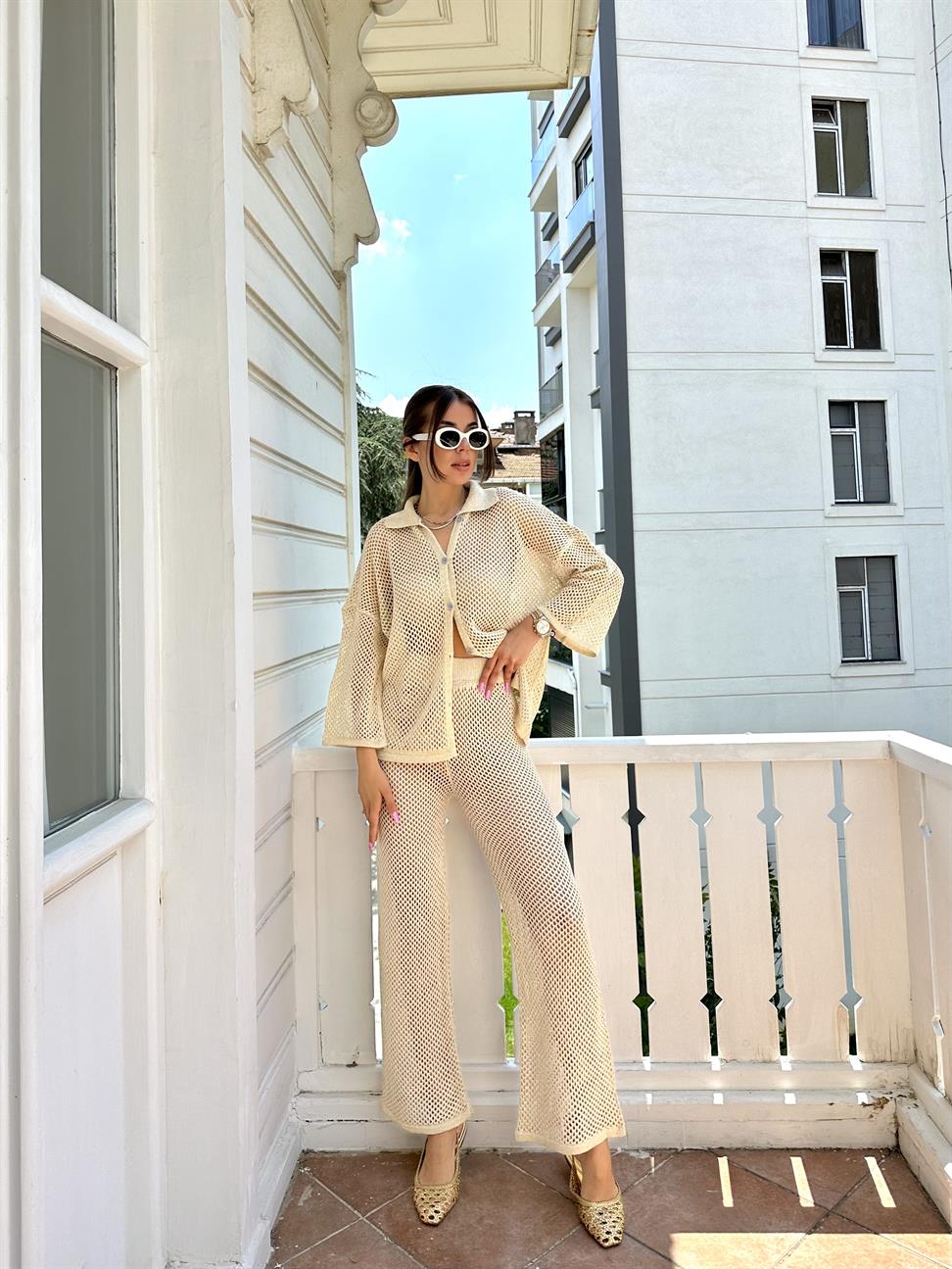 Krem File Gold Simli Takım