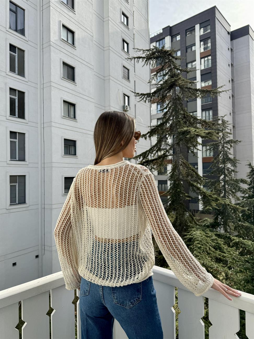 Krem Geniş File Merserize Triko