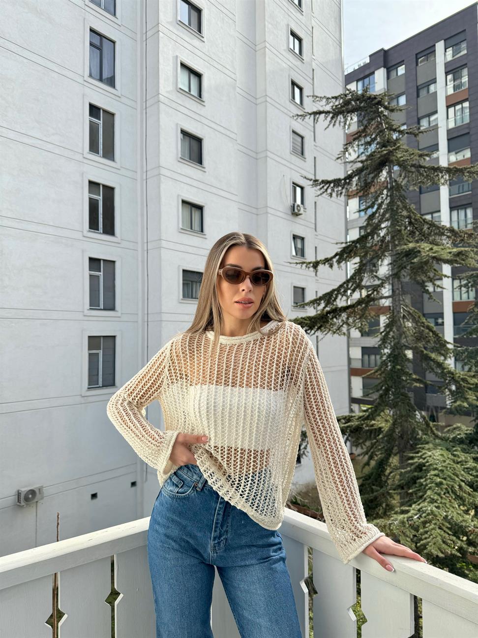 Krem Geniş File Merserize Triko