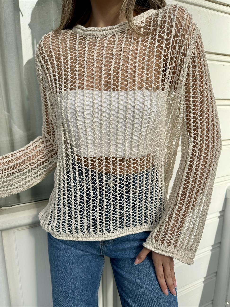 Krem Geniş File Merserize Triko