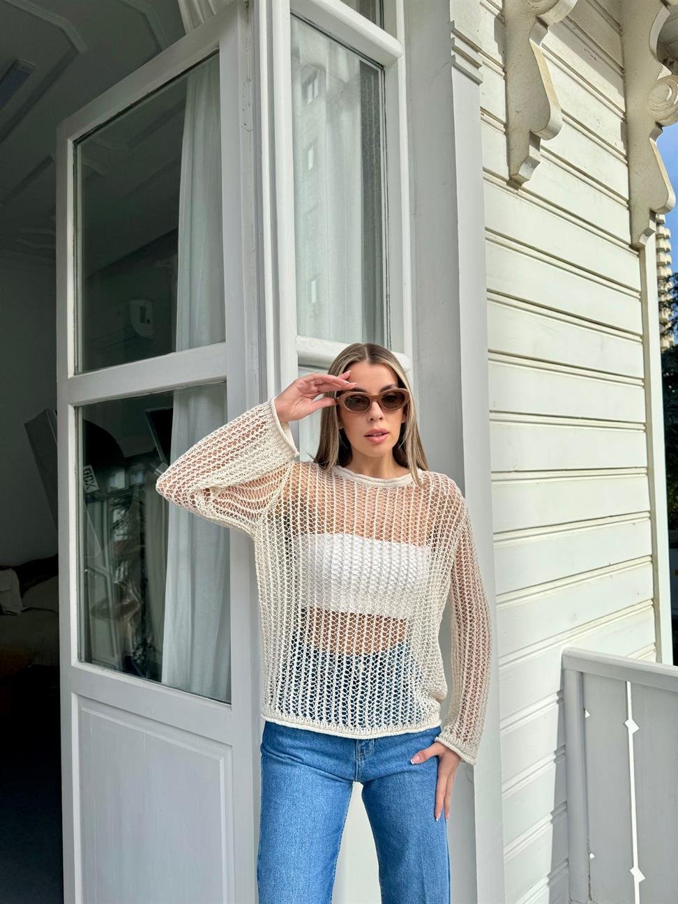 Krem Geniş File Merserize Triko