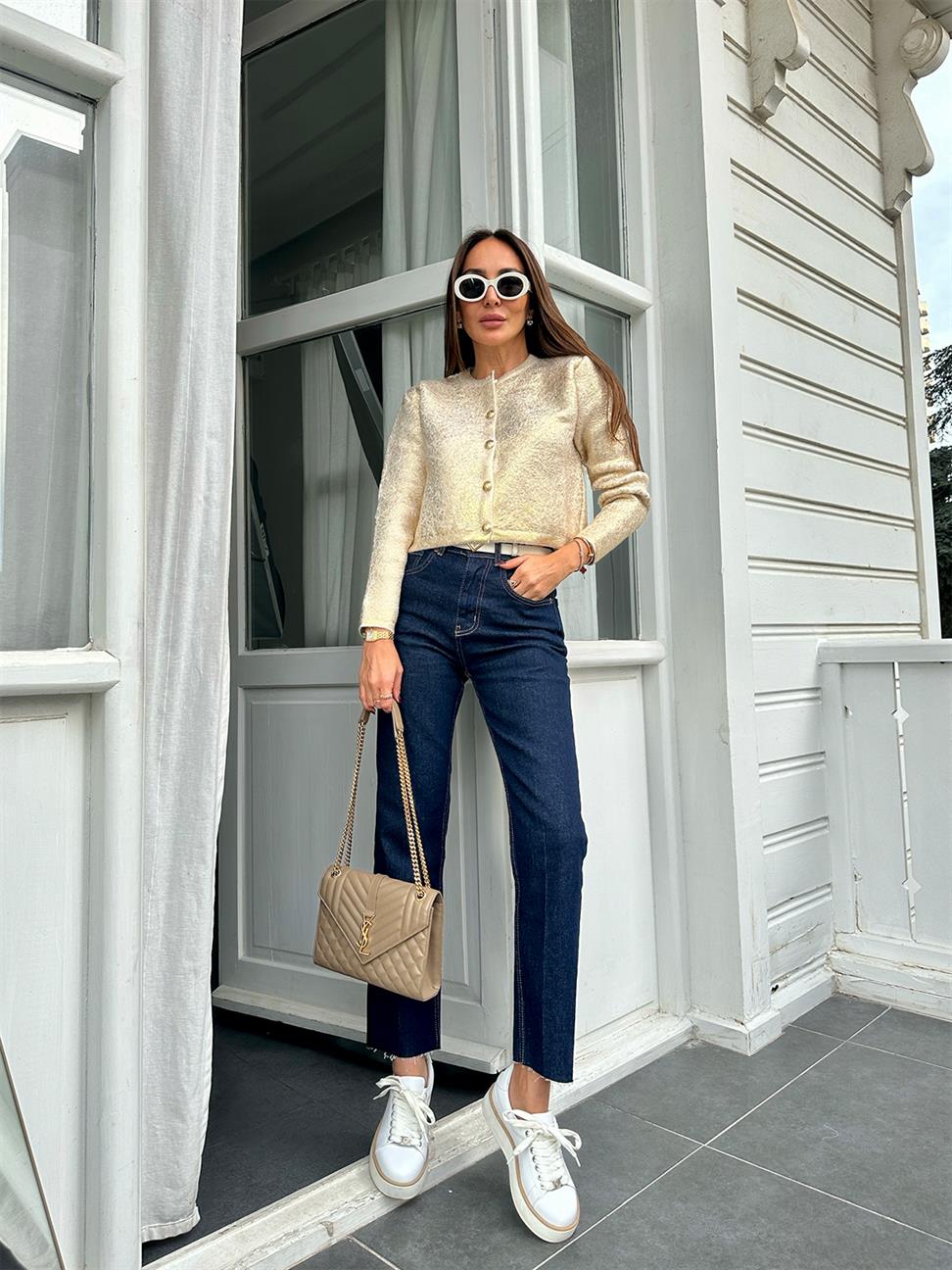 Krem-Gold Varaklı Düz Hırka