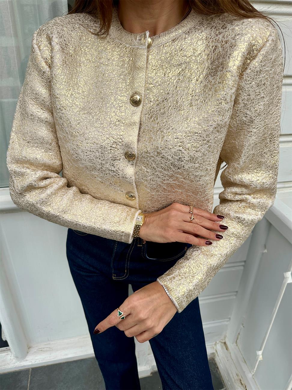 Krem-Gold Varaklı Düz Hırka