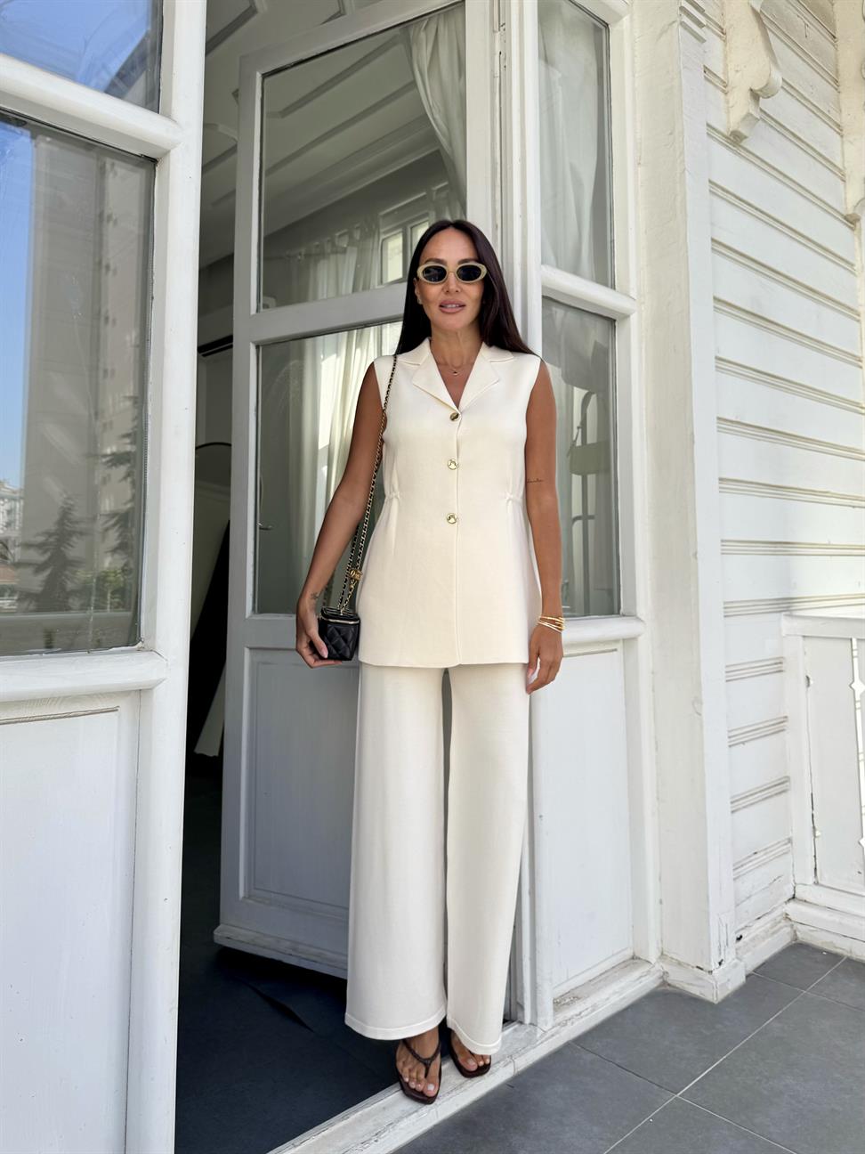 Krem Premium İnce Fitilli Triko Pantolon