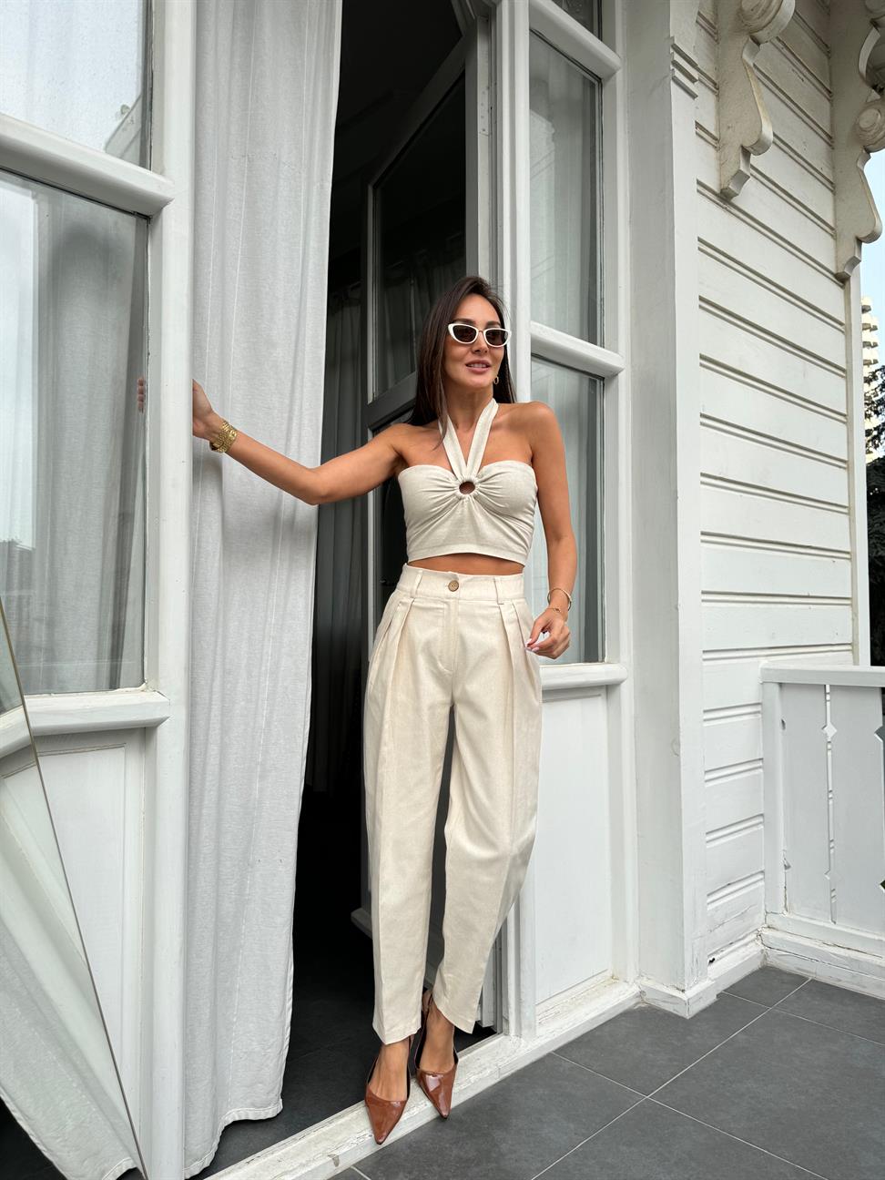 Krem Keten Dokulu Büstiyer Takım