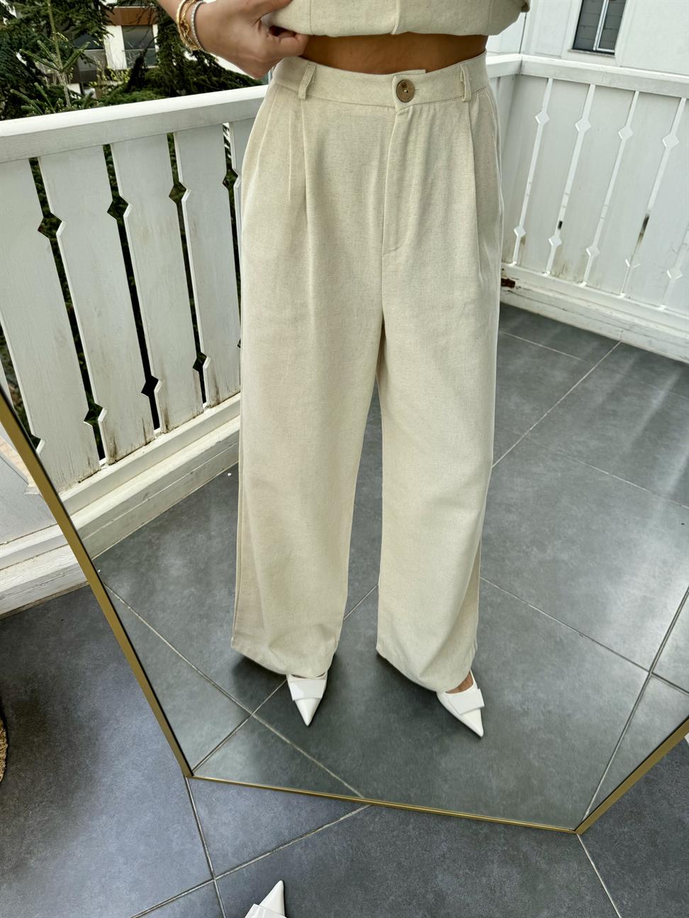Krem Keten Palazzo Pantolon