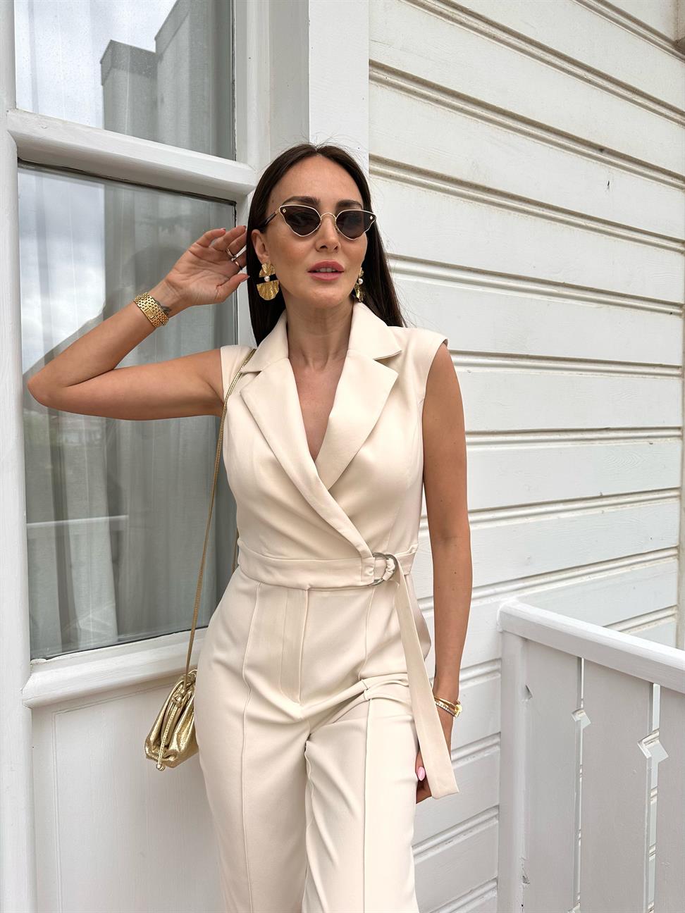 Krem Kolsuz Kruvaze Kesimli Tulum