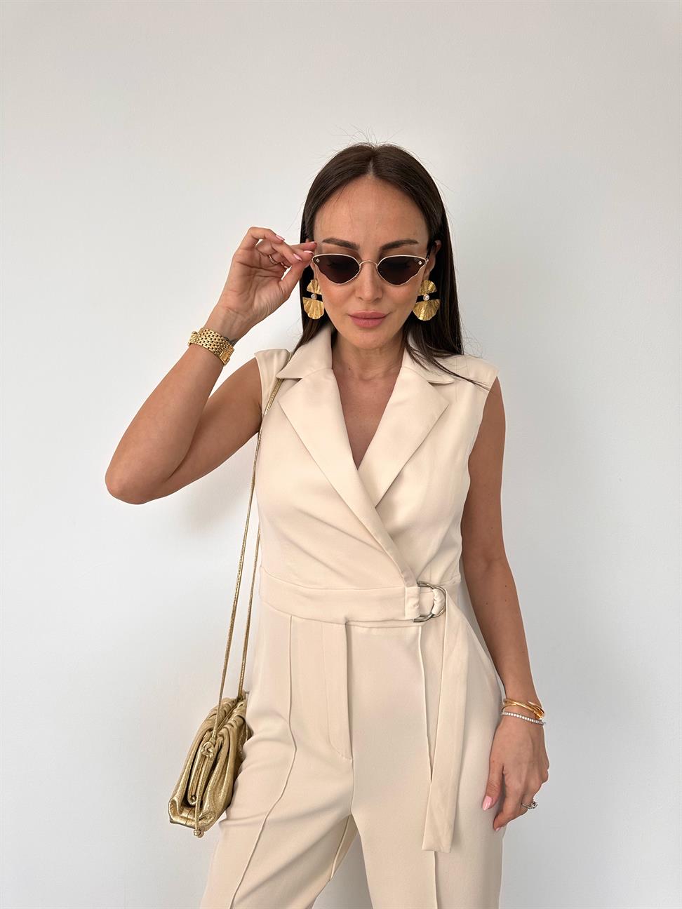 Krem Kolsuz Kruvaze Kesimli Tulum