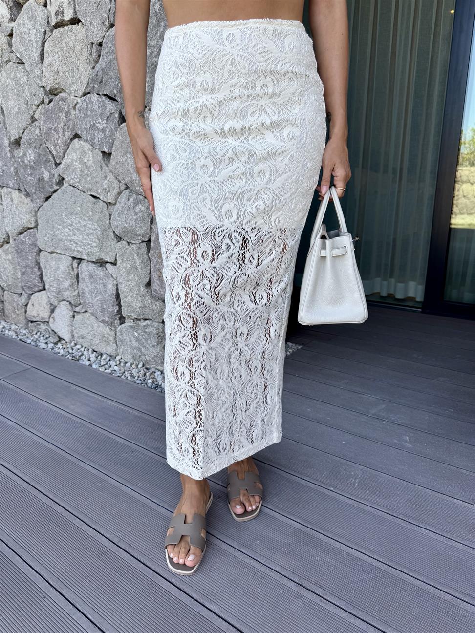 Krem Kroşe Halter Yaka Bluz Takım