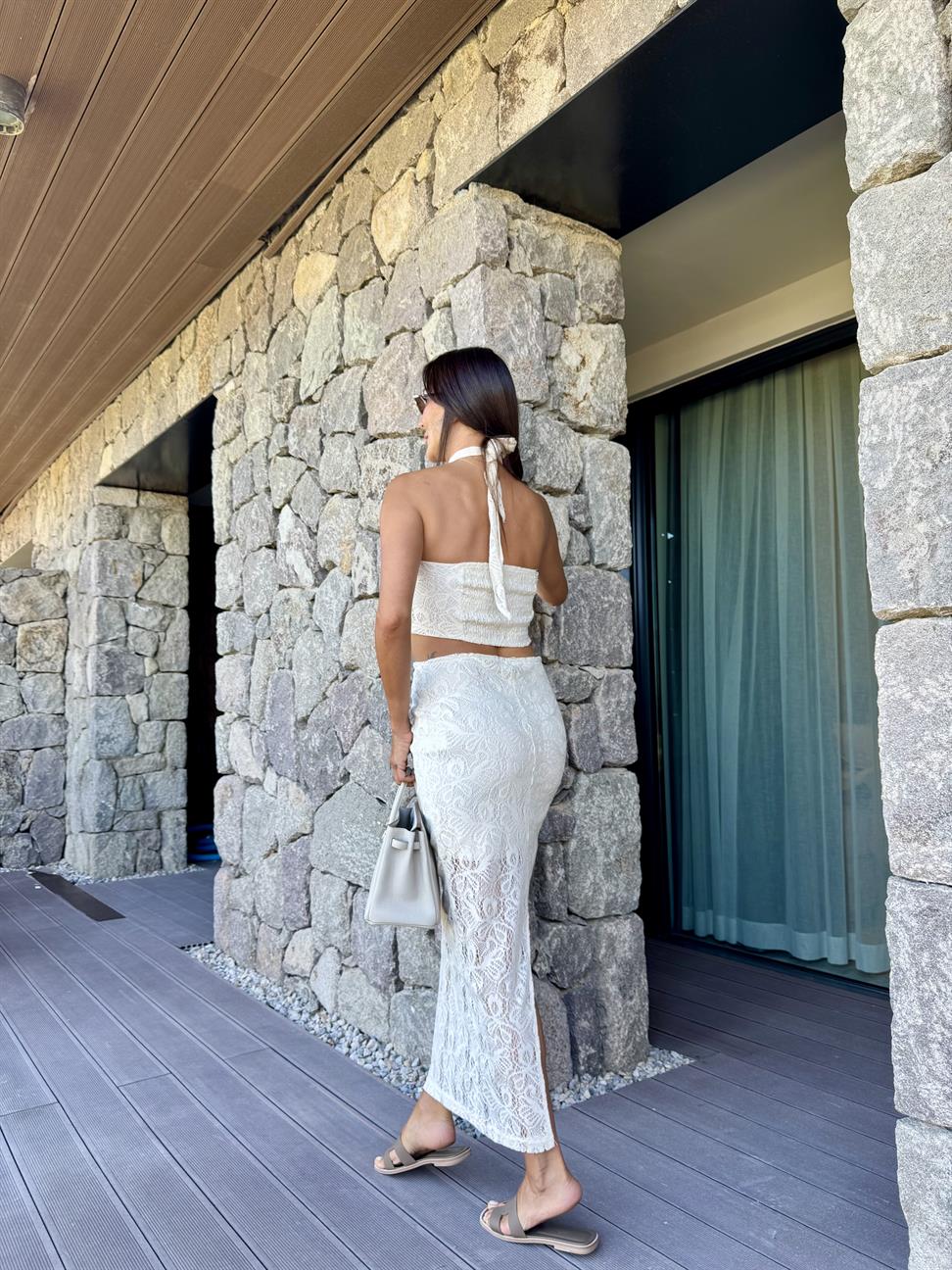 Krem Kroşe Halter Yaka Bluz Takım