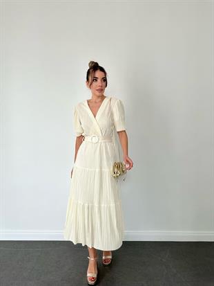 Krem Piliseli Kruvaze Elbise