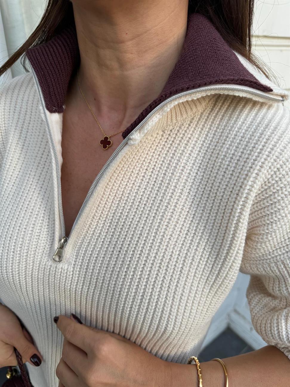 Krem Polo Yaka Fermuarlı Kazak