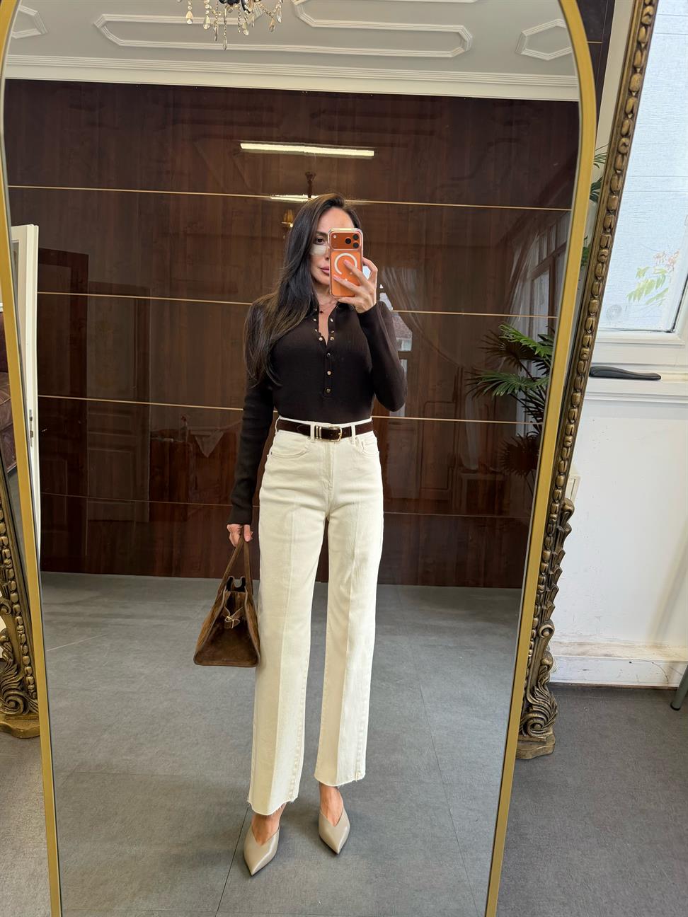 Krem Kemerli Bol Paça Jean