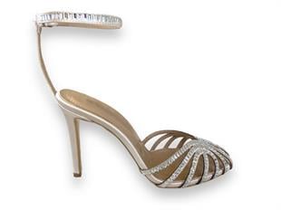 Krem Baget Taşlı İnce Topuklu Ayakkabı