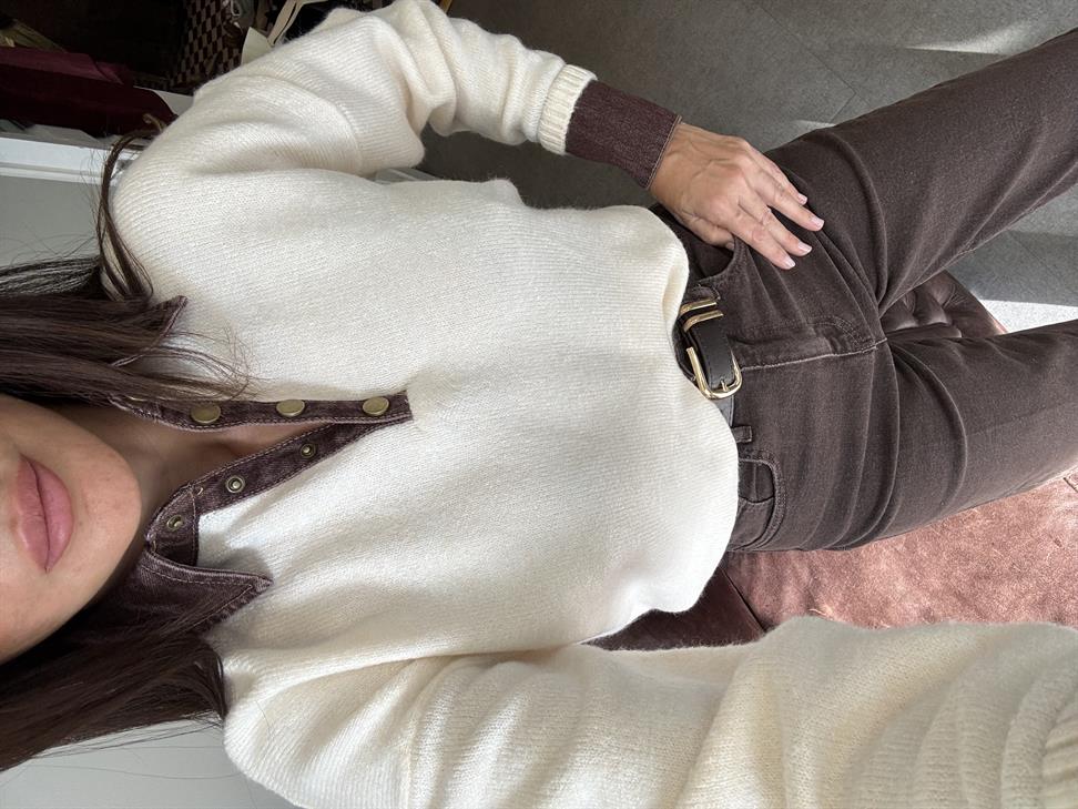 Krem Yakası Kot Kazak