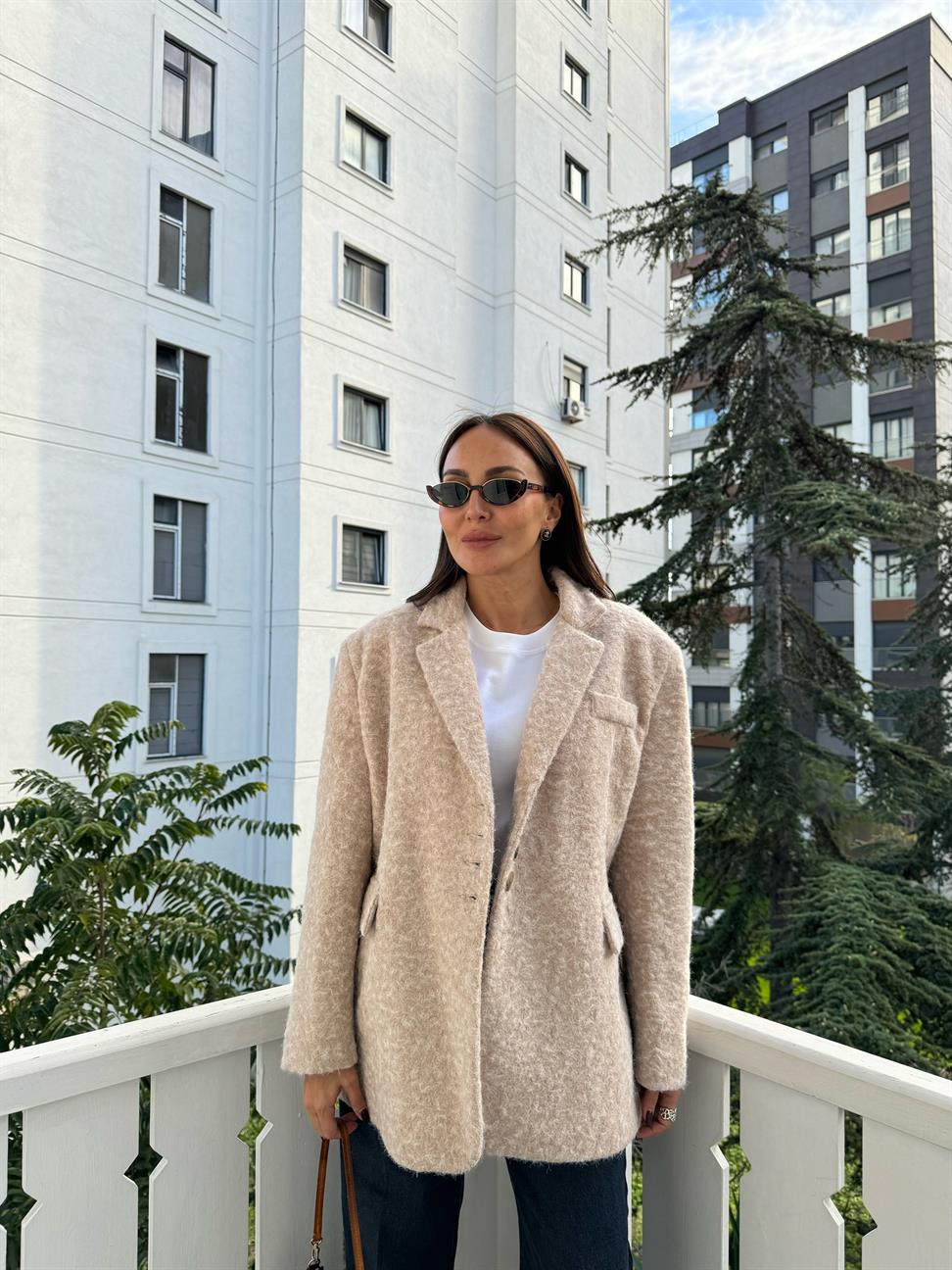 Krem Yalancı Cepli Kırçıllı Ceket