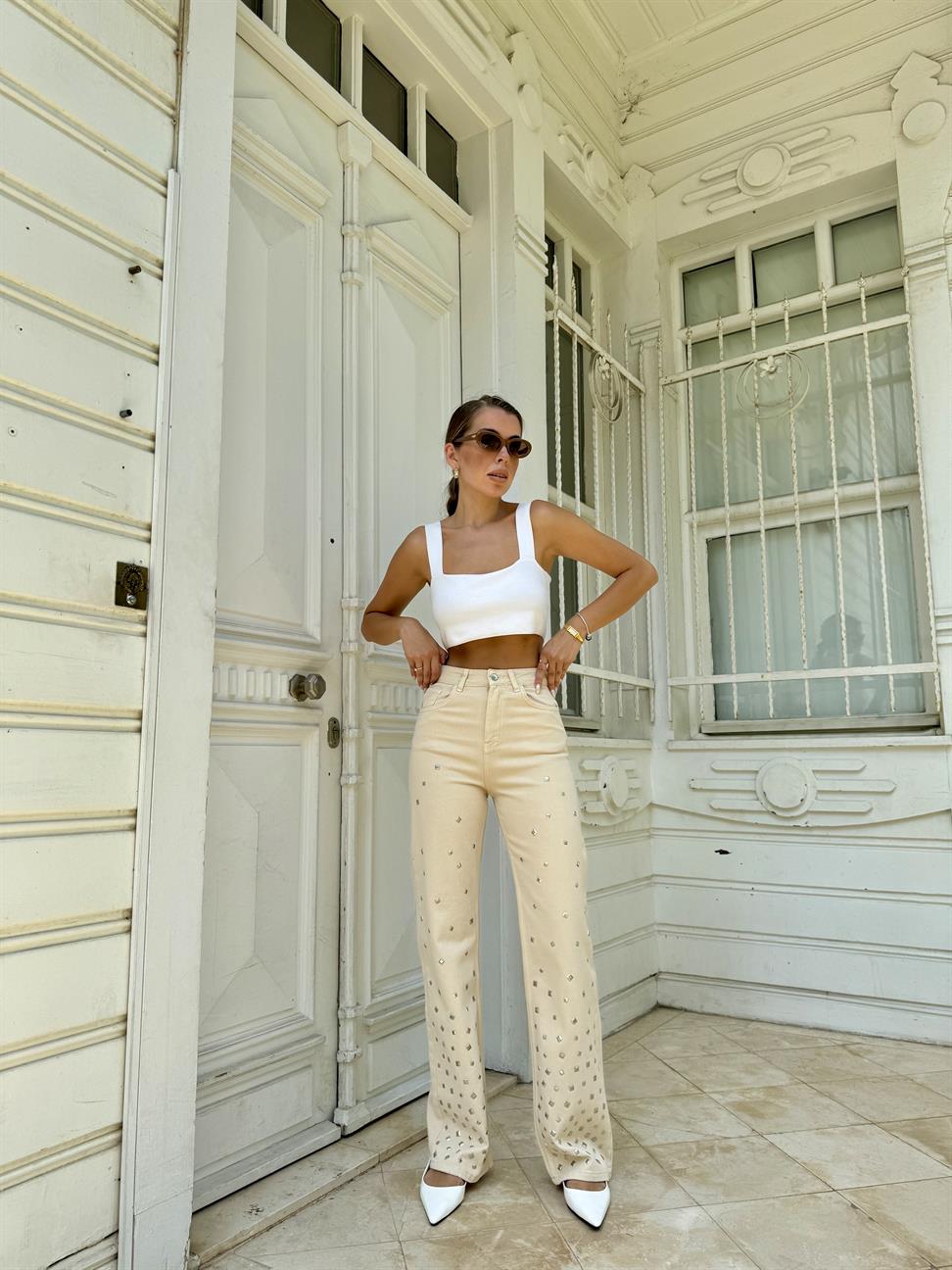 Krem Zımba Detaylı Gabardin Pantolon