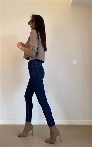 Lacivert Ön Dikiş Detay Yırtmaçlı Skinny Jean