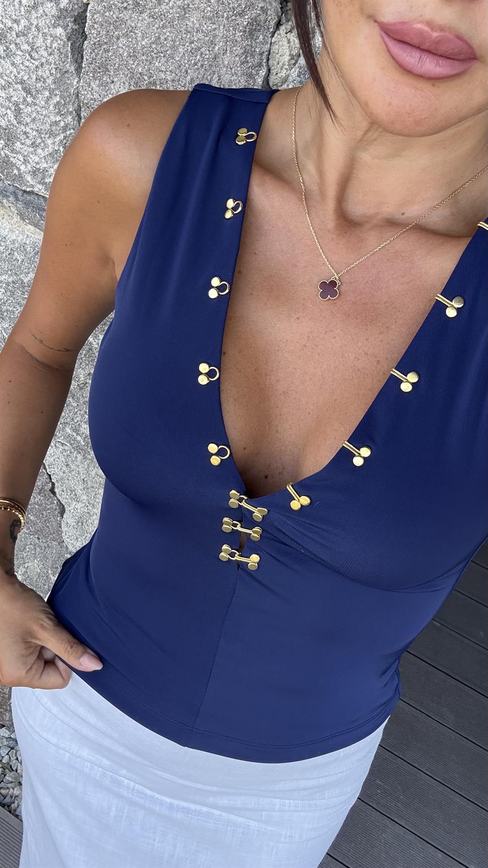 Lacivert Agraflı Bluz