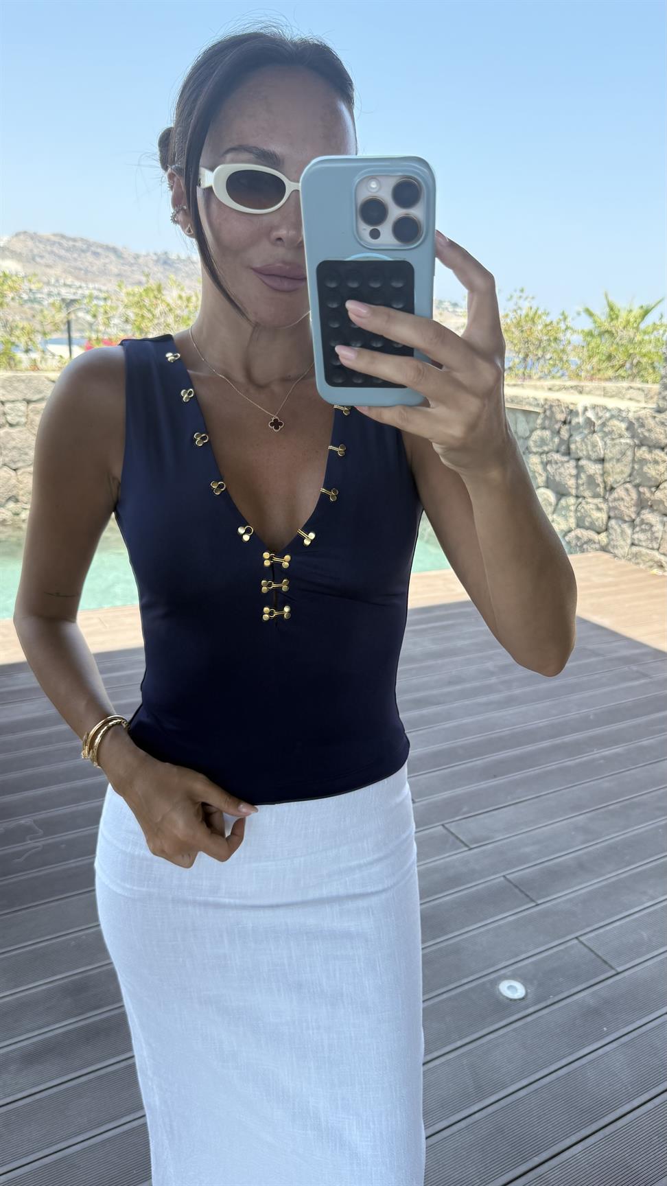 Lacivert Agraflı Bluz