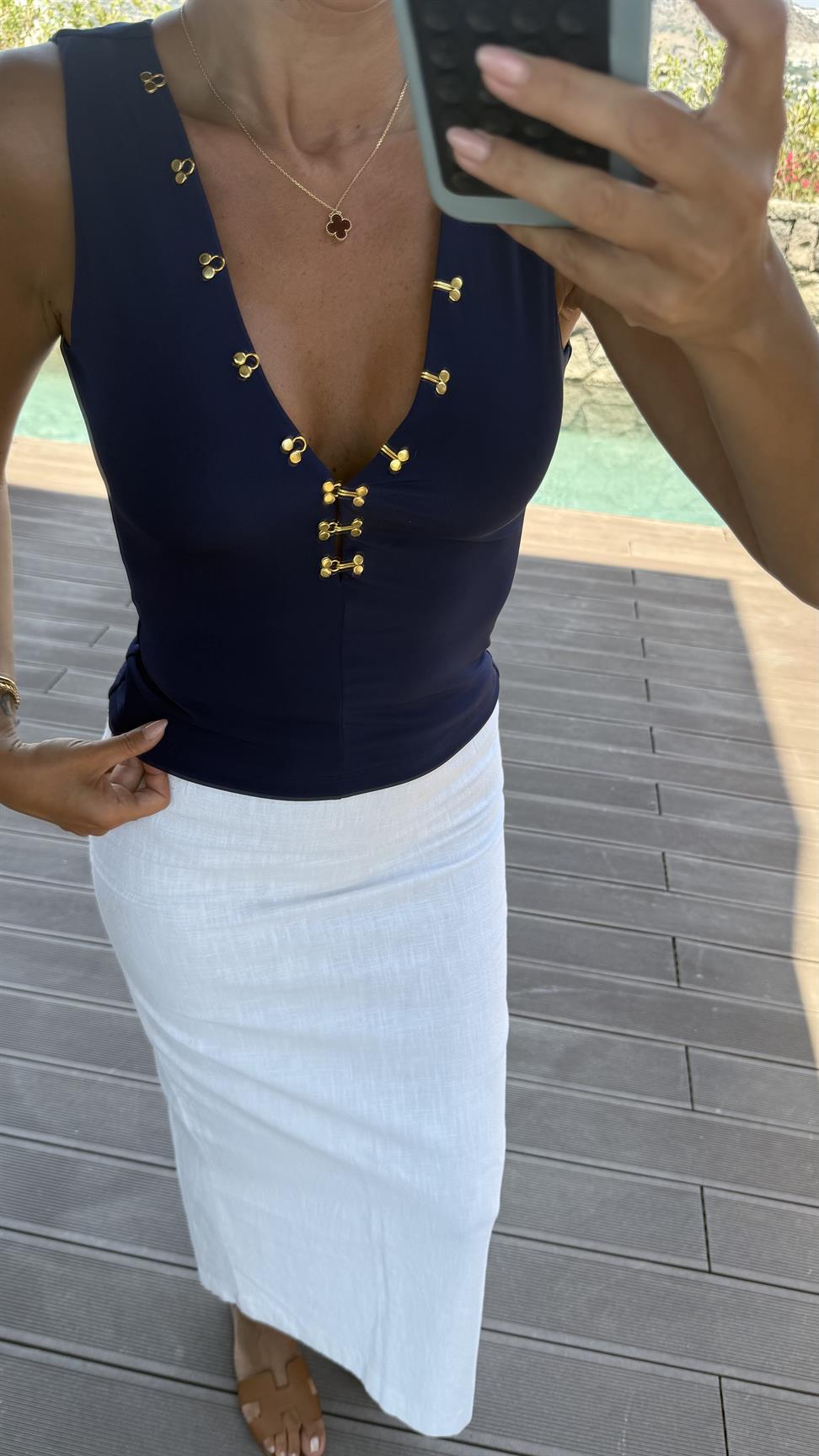 Lacivert Agraflı Bluz