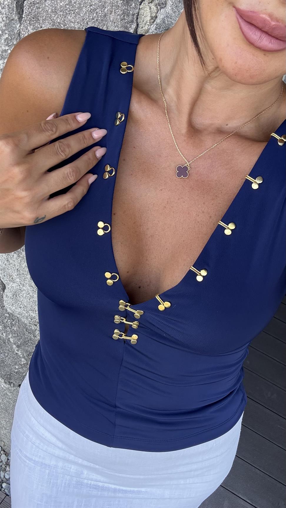 Lacivert Agraflı Bluz