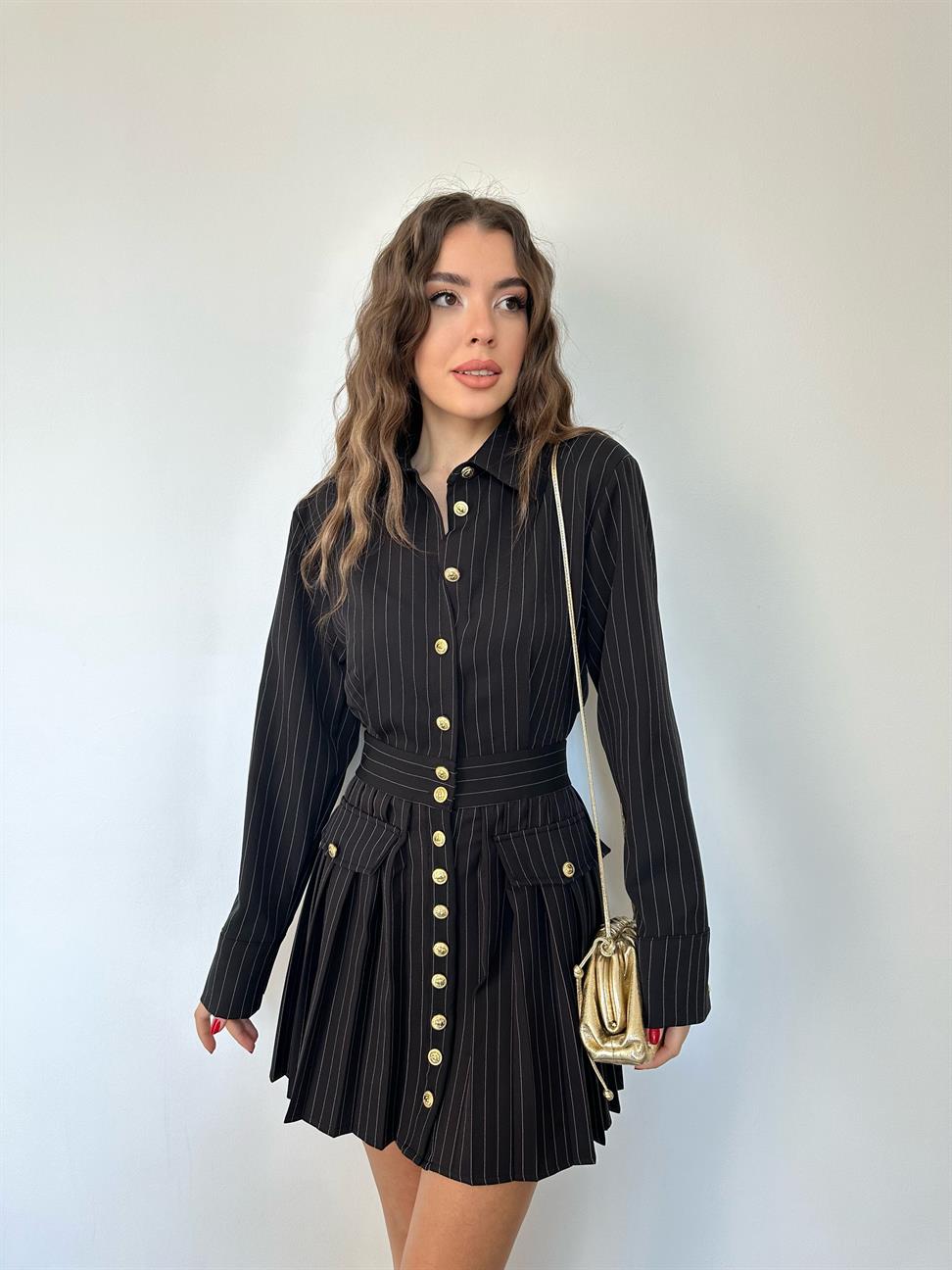 Lacivert Altın Renk Düğmeli Çizgili Elbise