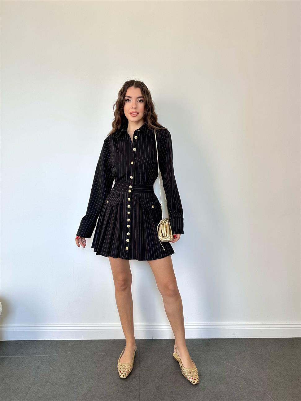 Lacivert Altın Renk Düğmeli Çizgili Elbise