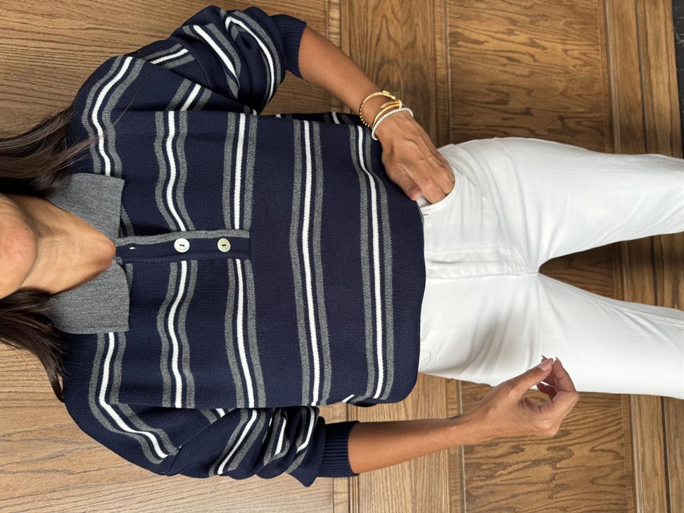 Lacivert-Antrasit Düğmeli Polo Yaka Kazak