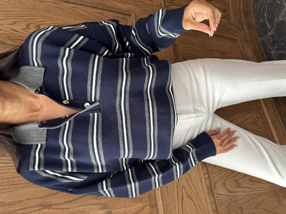 Lacivert-Antrasit Düğmeli Polo Yaka Kazak