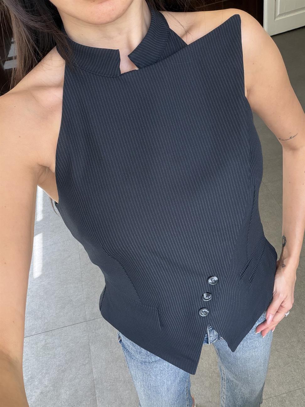 Lacivert Asimetrik Detaylı Çizgili Yelek