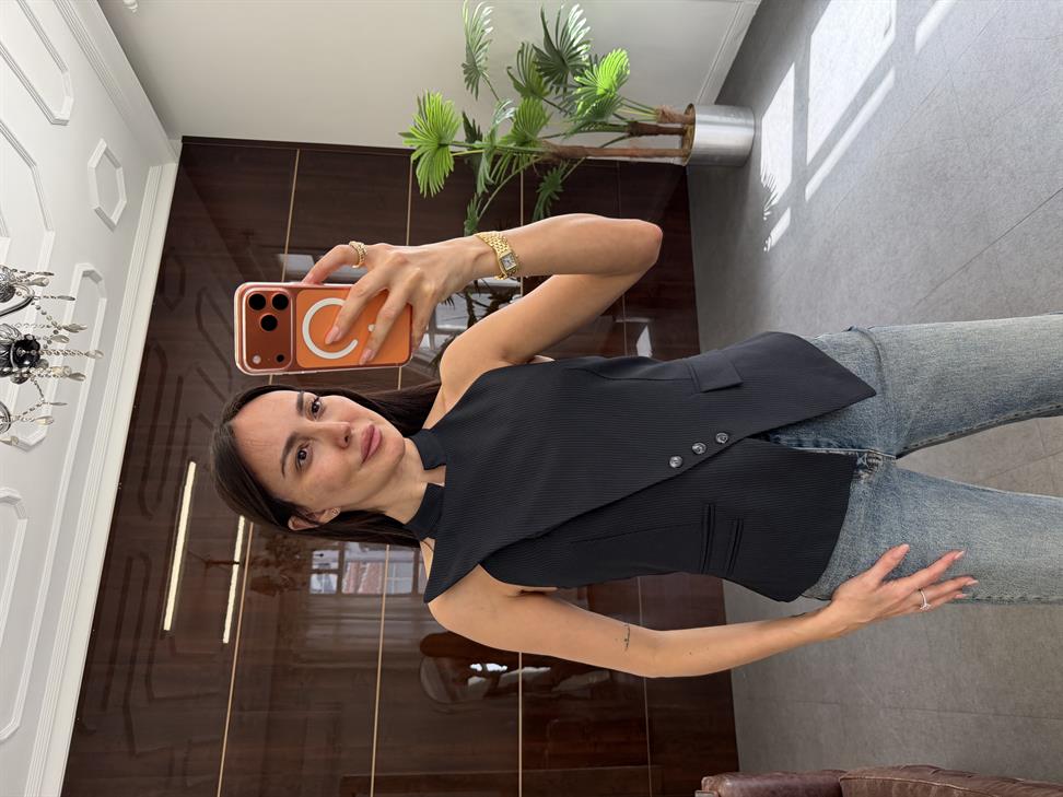 Lacivert Asimetrik Detaylı Çizgili Yelek