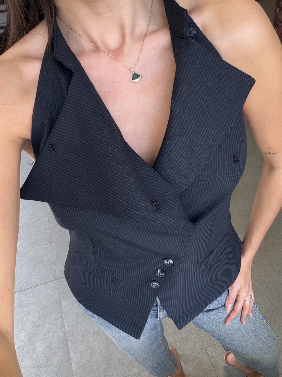 Lacivert Asimetrik Detaylı Çizgili Yelek