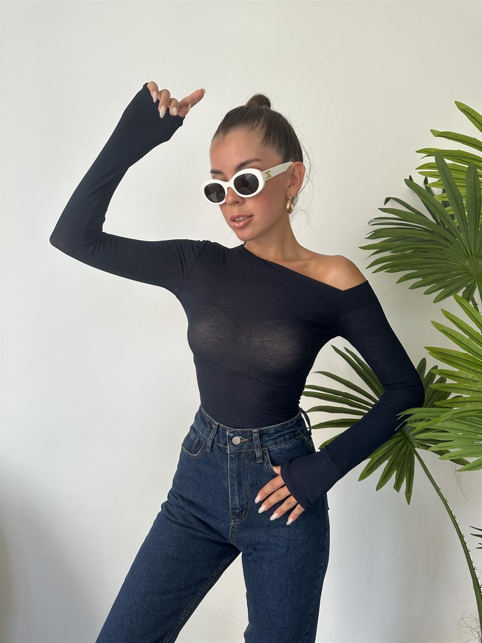 Lacivert Asimetrik Top Bluz