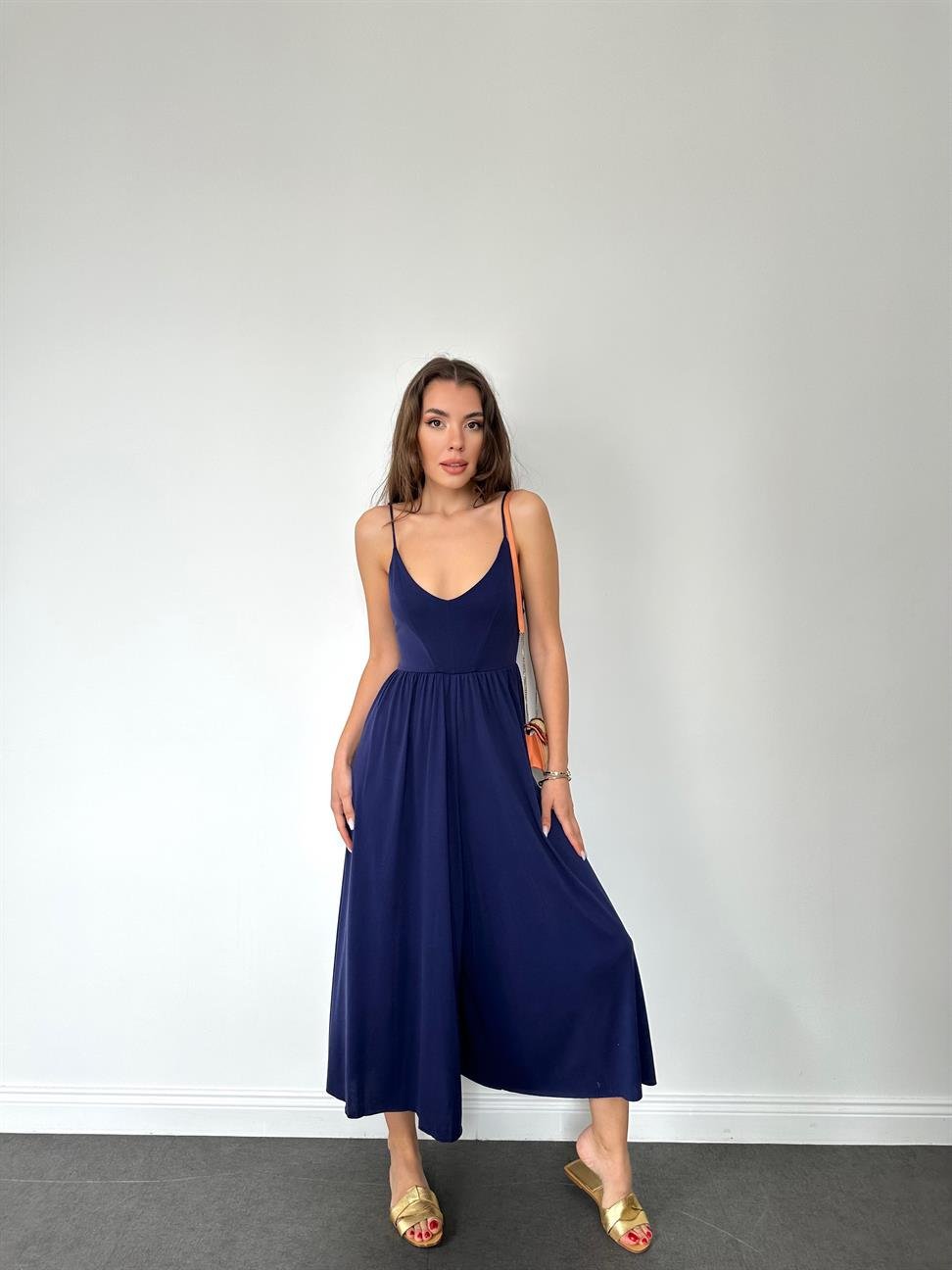 Lacivert Askılı Bol Paça Tulum