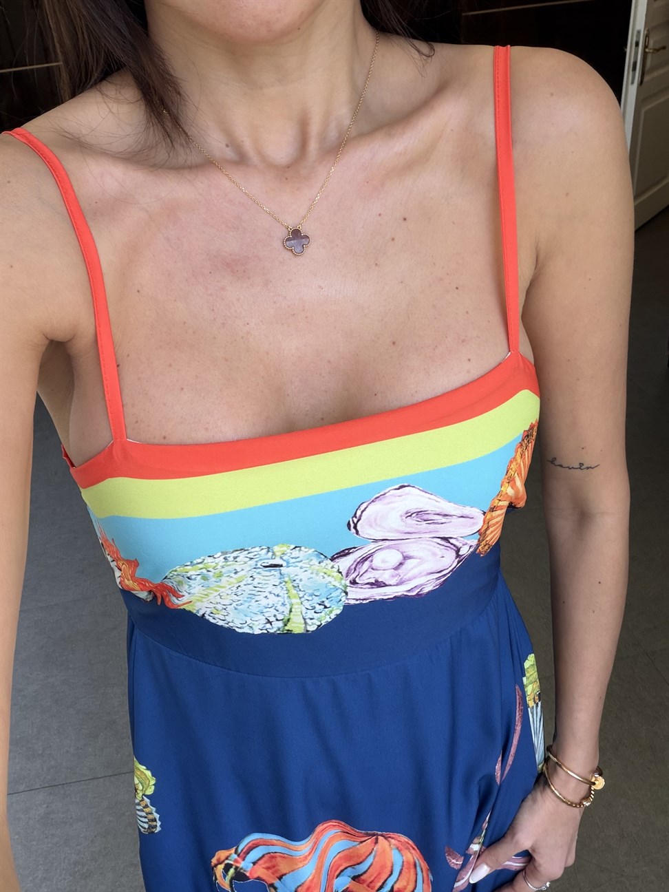 Lacivert Askılı Karışık Desenli Elbise