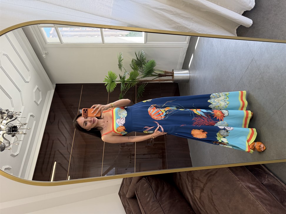 Lacivert Askılı Karışık Desenli Elbise