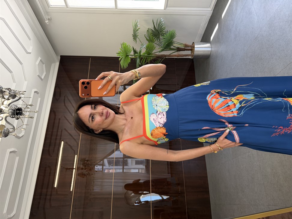 Lacivert Askılı Karışık Desenli Elbise