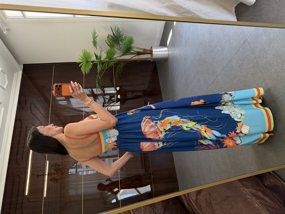 Lacivert Askılı Karışık Desenli Elbise