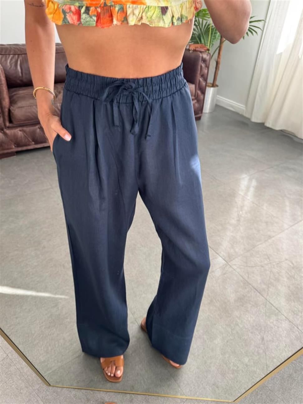 Lacivert Bağcıklı ve Lastikli Keten Pantolon