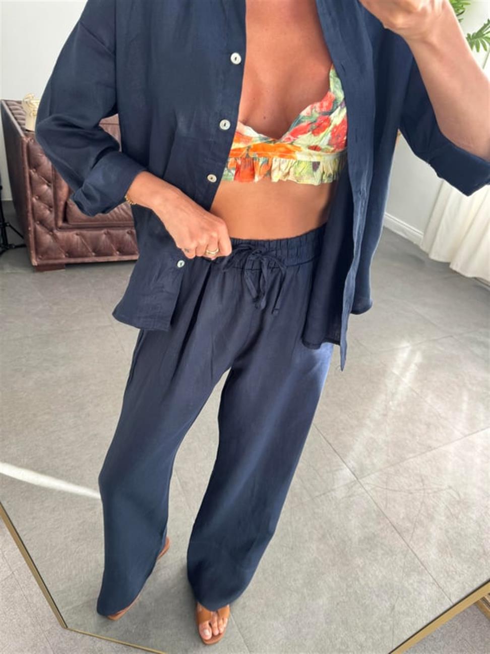 Lacivert Bağcıklı ve Lastikli Keten Pantolon